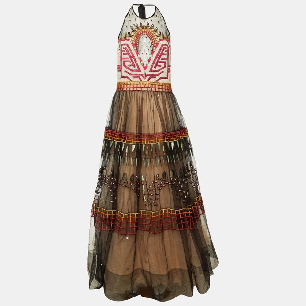 Temperley London Black Maze Embroidered Tulle Halter Neck Dress Xl